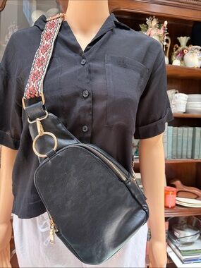 Altar'd State Black Leather Crossbody with Patterned Red Strap